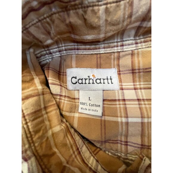 Carhartt Men's Button-Down Shirt Short Sleeve Pocket Plaid Large Brown White - Picture 3 of 7